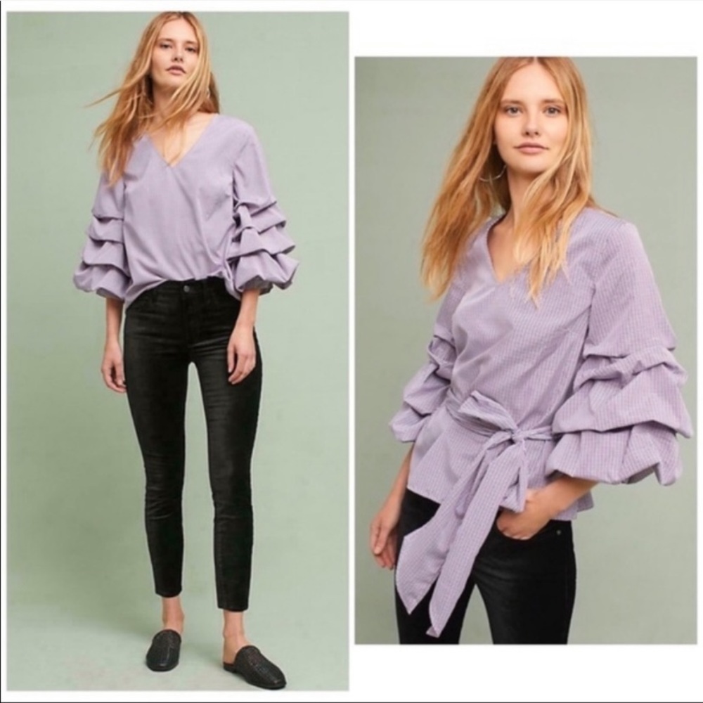 Anthropologie Top Gingham Pouf Sleeve Blouse